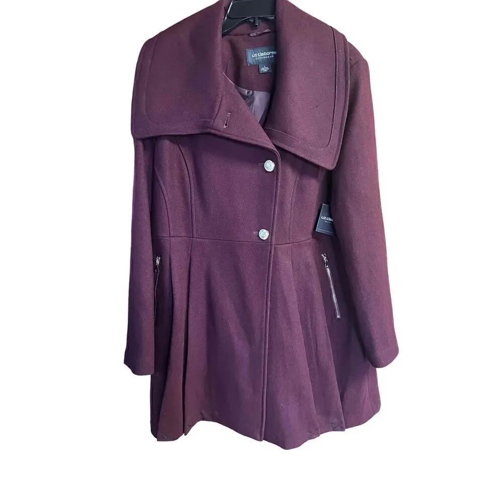 Liz Claiborne Wool Blend Single Breasted Pleated Jacket Sz L Wine NWT $220
